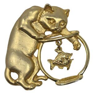 Vintage Gold Tone Cat and Fishbowl Brooch Pin with Dangling Charm Animal Jewelry